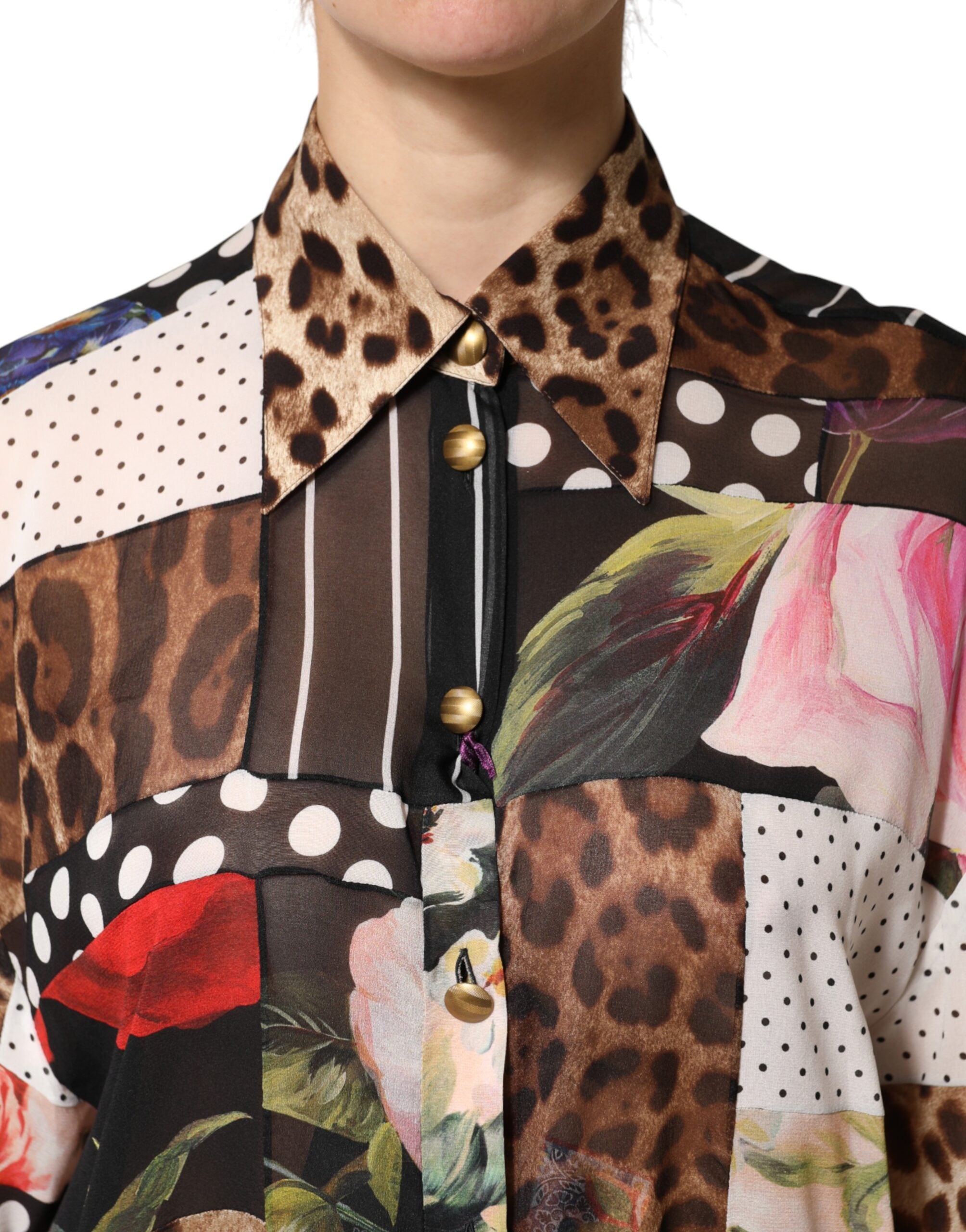 Dolce & Gabbana Multicolor Patchwork Silk CollaredBlouse Top