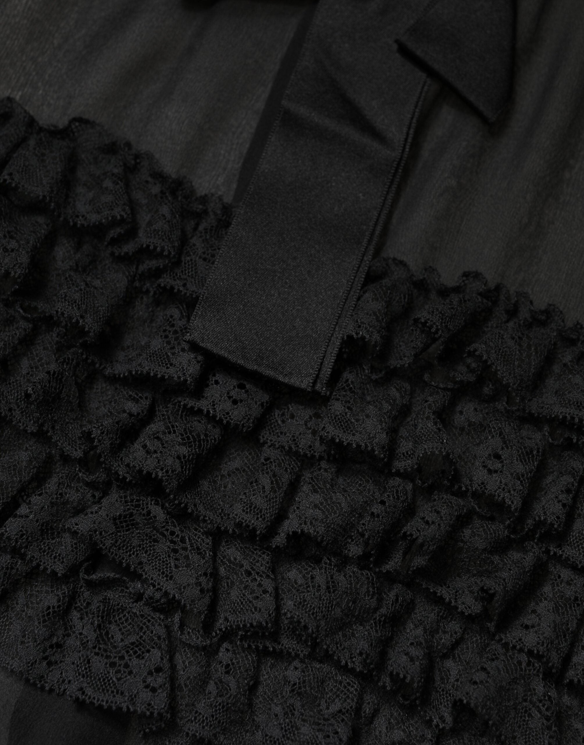 Dolce & Gabbana Black Silk Sheer Ruffle Tie-Neck Blouse Top