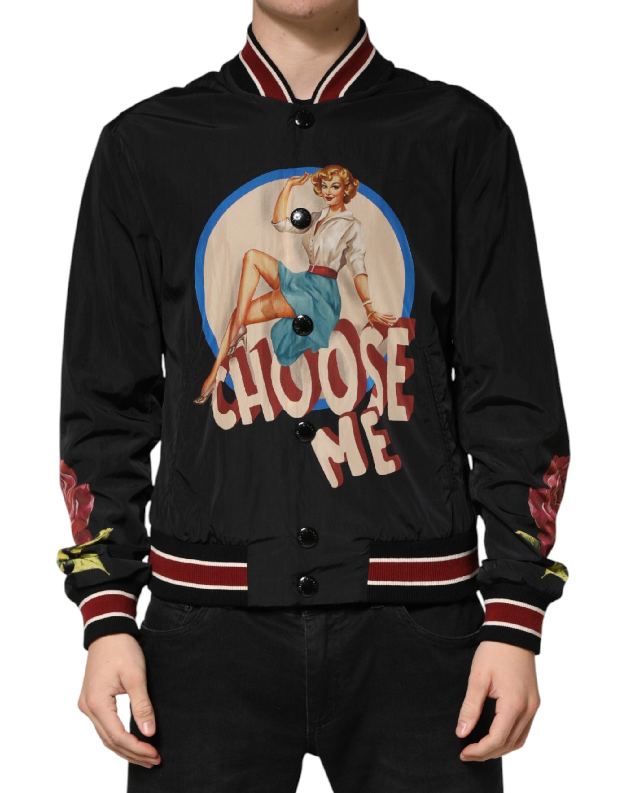 Dolce & Gabbana Black Pin Up Button Down Men Bomber Jacket